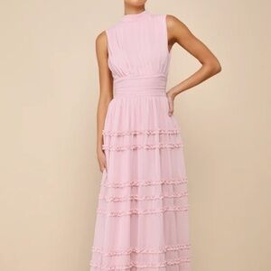 NWT Lulu’s Enchantingly Sweet Blush Pink Chiffon Backless Maxi Dress Sz M